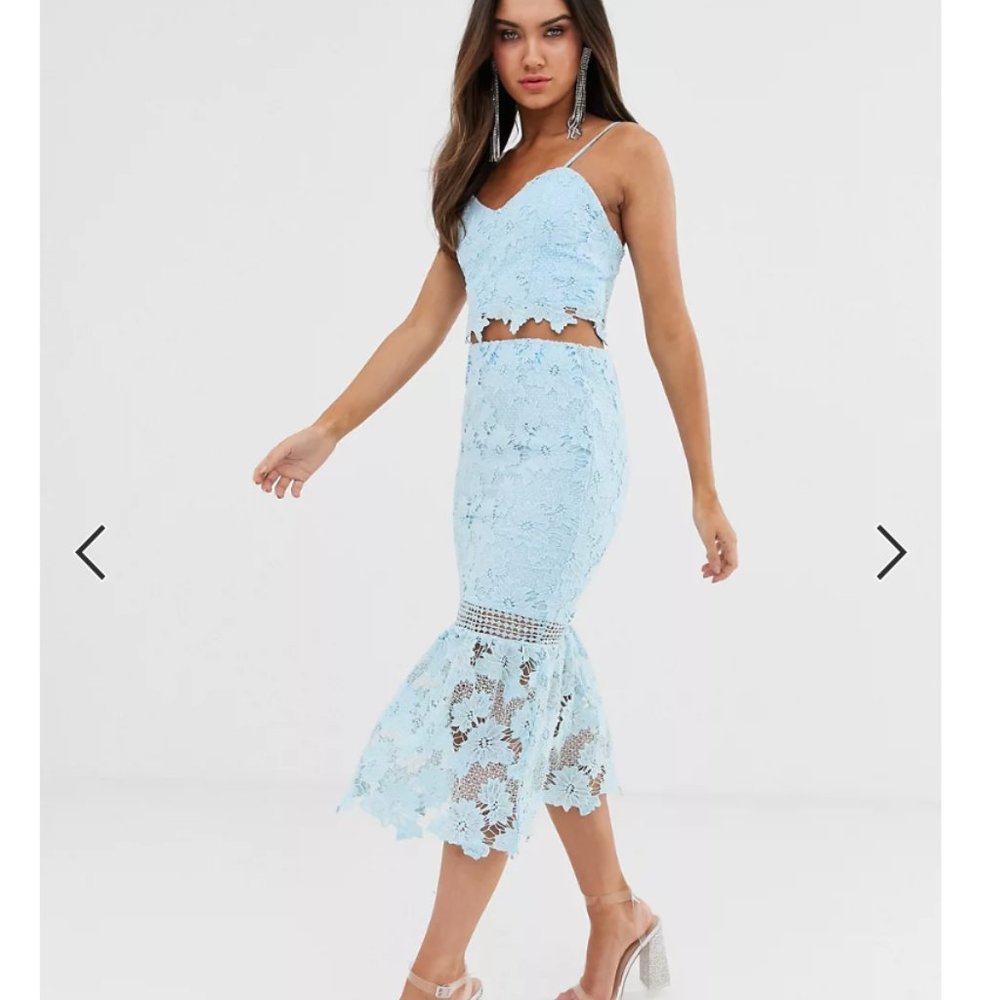 Love Triangle cami strap cut work lace crop top and matching midi skirt
